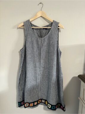 Max Edition Linen Striped Sleeveless Dress with Colorful Crochet Hem & Pockets